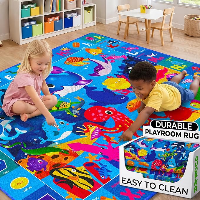 QUOKKA Small Classroom Ocean Rug for Kids - 60x41 ABC Rugs for Playroom - Bedroom Alphabet Learning Area Rug - Ocean Toddler Rugs Boys and Girls - Kids Room Carpet