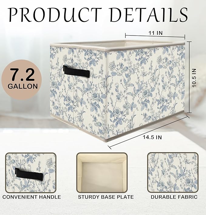 FDHSPAAM Blue and White Chinoiserie Storage Bins Box with Handles, Grandmillennial Flower Plant Botanical Collapsible Fabric Storage Basket Box Organizer for Bedroom Bathroom Clothes Toys Books