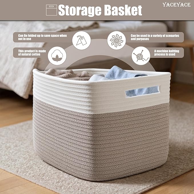 Large Basket for Shelves, Woven Cotton Bin with Handles for Toy Collection, Big Blanket Basket for Living Room, Nursery, Bedroom 22"x17"x12"