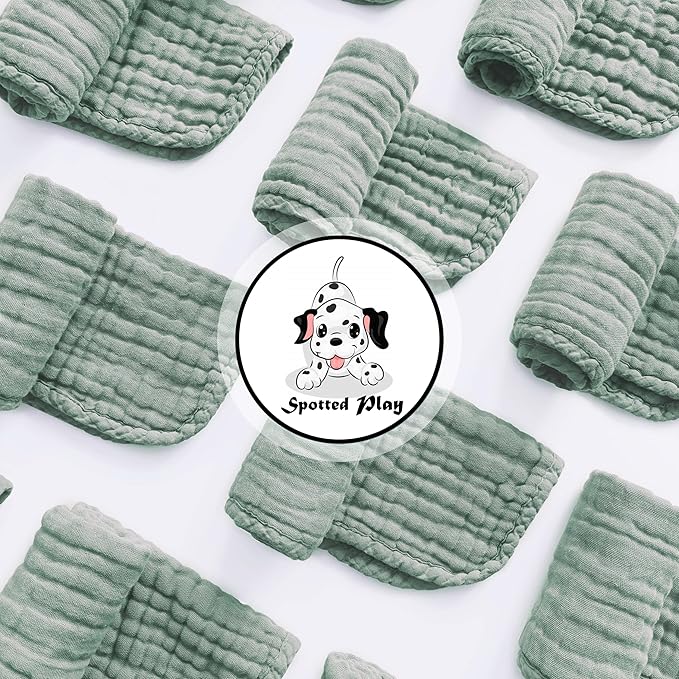 Spotted Play Muslin Burp Cloths 100% Cotton Large 20''x10'' Extra Soft and Absorbent Baby Wash Cloths Spit Up Rags - Baby Burping Cloth for Boys Girls Items(24 Pack Green)