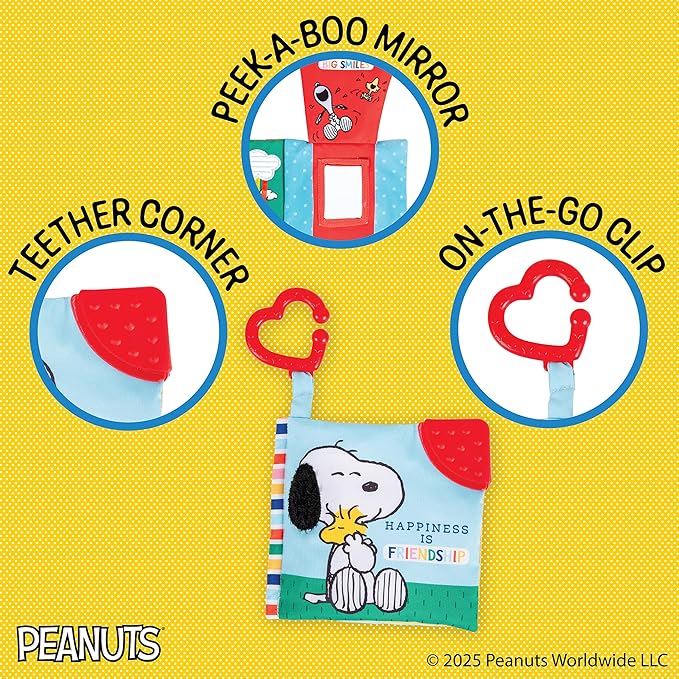 Kids Preferred Peanuts Snoopy Baby Stuff Fun Crinkle Book with On The Go Travel Clip Teether Soft Sensory Book for Babies & Toddlers, 5.25x5.25 Inches