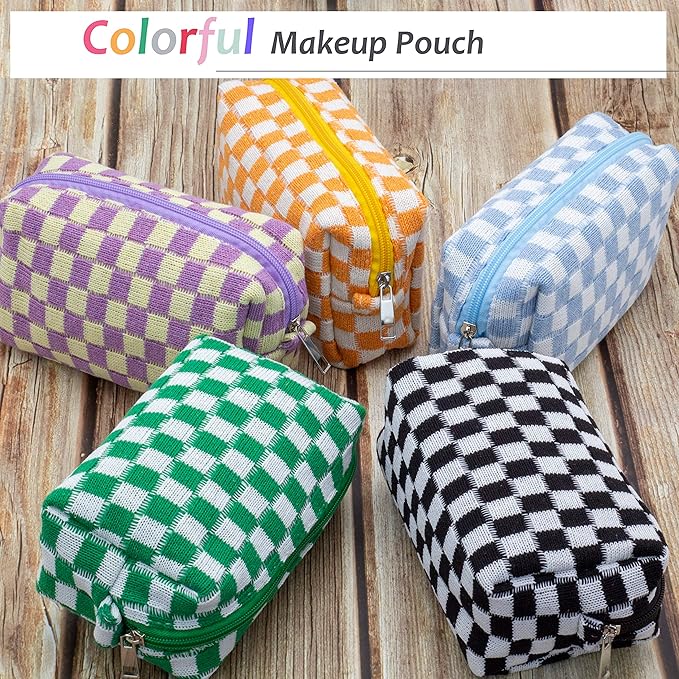 PAZIMIIK Checkered Makeup Bag for Purse Portable Zipper Make Up Pouch Small Cosmetic Case for Travel Accessories (Black)