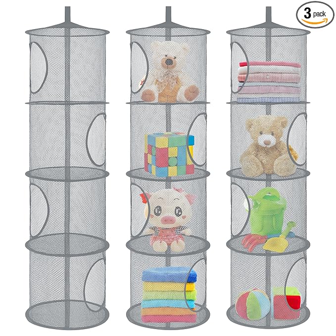 Libeder Mesh Hanging Storage Space Saver Bags Organizer,Foldable Storage Organizer 4 Compartments Toy Storage Basket for Kids Room Bathroom 3 Sets Grey