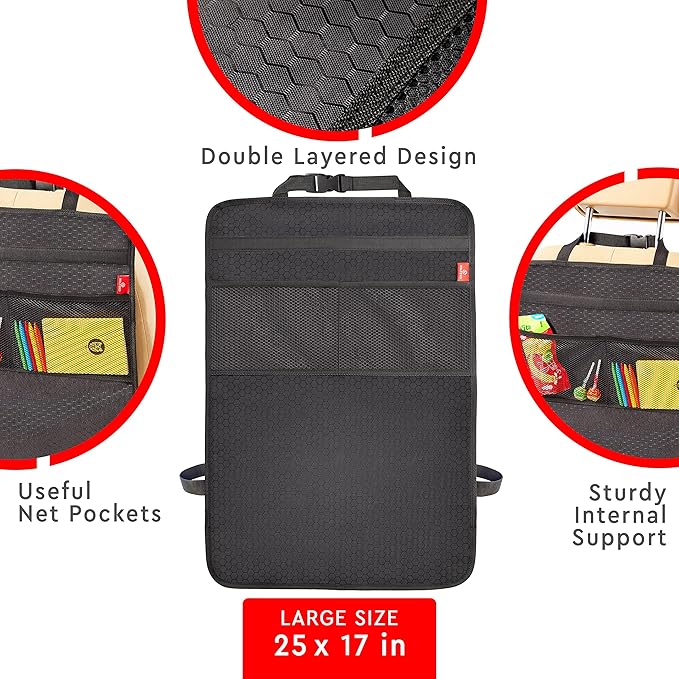 Helteko Back Seat Protector for Car, 2 Pack Premium Kick Mats for Kids, Extra Large Car Seat Cover for Backseat with Mesh Pockets, Waterproof Dirt & Mud Protection, Gray