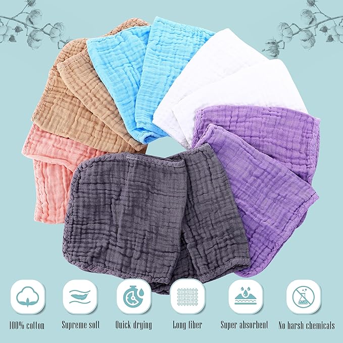 Cute Castle 24 Pack Muslin Burp Cloths for Baby - Ultra-Soft 100% Cotton Baby Washcloths - Large 20'' by 10'' Super Absorbent Milk Spit Up Rags - Burpy Cloths for Unisex, Boy, Girl - Multicolor