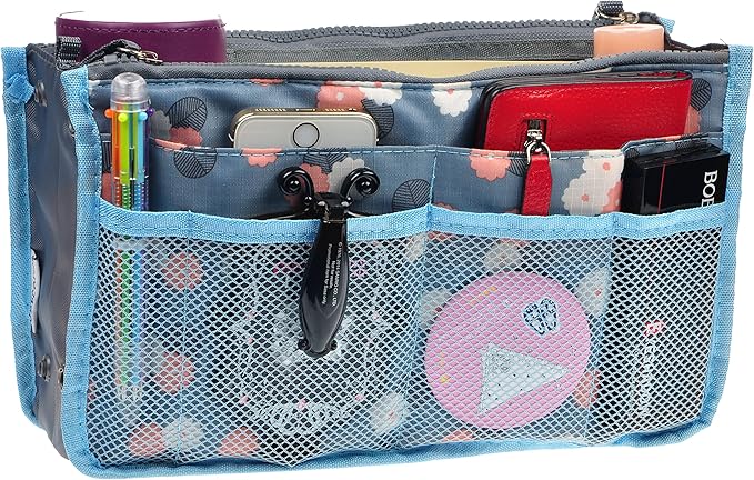 Vercord Purse Organizer Insert for Handbags Bag Organizers Inside Tote Pocketbook Women Nurse Nylon 13 Pockets Blue Flower Large