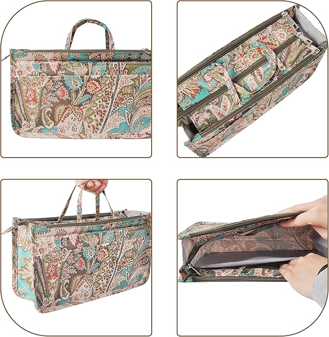 Vercord Patterned Purse Handbag Tote Pocketbook Bag Organizer Insert with Zipper Handle for Women Large Peacock Flower