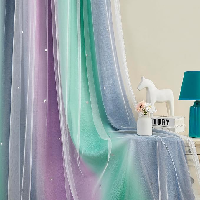 XiDi Purple Grey Curtains for Kids Bedroom, Princess Room Decor Green Curtain, Cute Curtains Blackout, Curtains Girls Bedroom 63 inchs Long 34 inches Wide 1 Panel