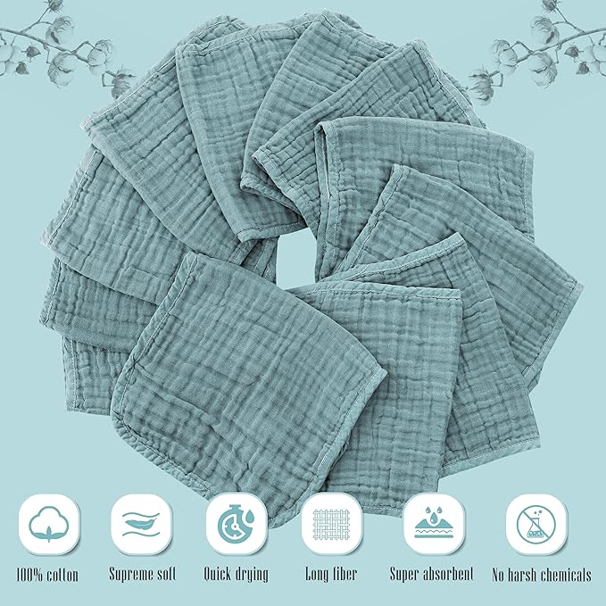 Cute Castle 24 Pack Muslin Burp Cloths for Baby - Ultra-Soft 100% Cotton Baby Washcloths - Large 20'' by 10'' Super Absorbent Milk Spit Up Rags - Burpy Cloths for Unisex, Boy, Girl -Dark Green
