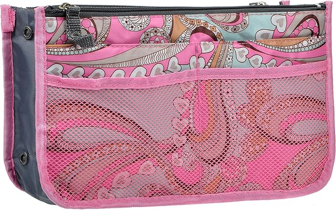 Vercord Purse Organizer Insert for Handbags Bag Organizers Inside Tote Pocketbook Women Nurse Nylon 13 Pockets Pink Flowers Medium