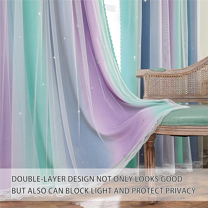 XiDi Purple Grey Curtains for Kids Bedroom, Princess Room Decor Green Curtain, Cute Curtains Blackout, Curtains Girls Bedroom 63 inchs Long 34 inches Wide 1 Panel