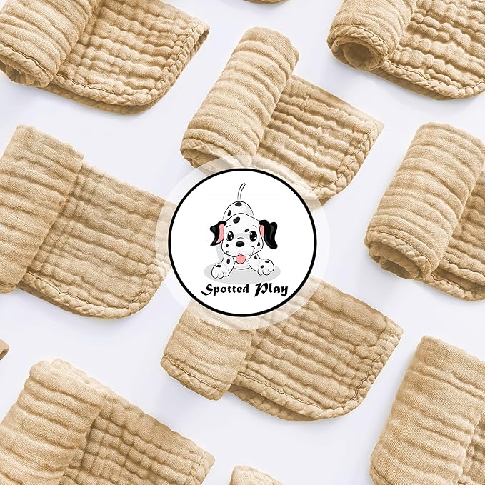 Spotted Play Muslin Burp Cloths 100% Cotton Large 20''x10'' Extra Soft and Absorbent Baby Wash Cloths Spit Up Rags - Baby Burping Cloth for Boys Girls Items(12 Pack Brown)