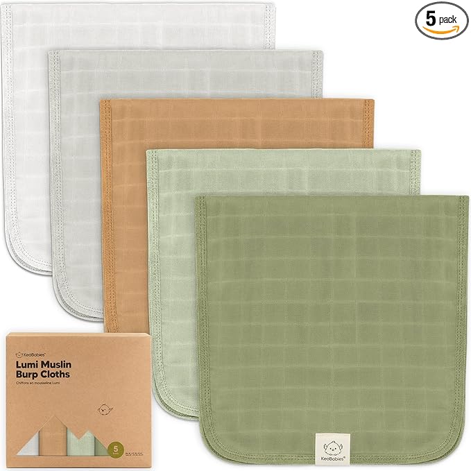 KeaBabies Cotton Muslin Burp Cloths Baby Boy, Girl - 5-Pack Soft & Absorbent Burping Cloth for Babies, Large Baby Towels & Washcloths for Newborn, Spit Up Rags, No Shrink, 20x10" (Pine)