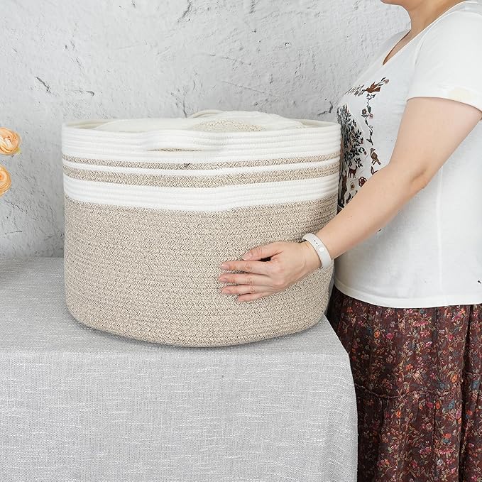 XUANGUO Large Cotton Rope Basket Blankets Basket Living Room 22"x14" Toy Baskets for Kids Rope Storage Basket for Nursery Woven Laundry Baskets for Clothes Towels Baby Toy Storage round white brown