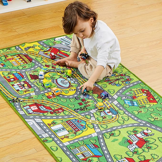 JOYIN Carpet Playmat w/ 12 Cars Pull-Back Vehicle Set for Kids Age 3+, Jumbo Play Room Rug, City Pretending Play