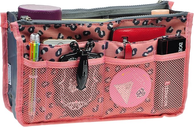 Vercord Purse Organizer Insert for Handbags Bag Organizers Inside Tote Pocketbook Women Nurse Nylon 13 Pockets Pink Leopard Large