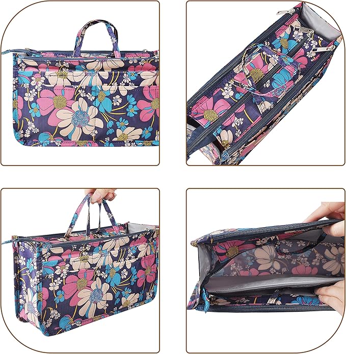 Vercord Patterned Purse Handbag Tote Pocketbook Bag Organizer Insert with Zipper Handle for Women Medium Flowers
