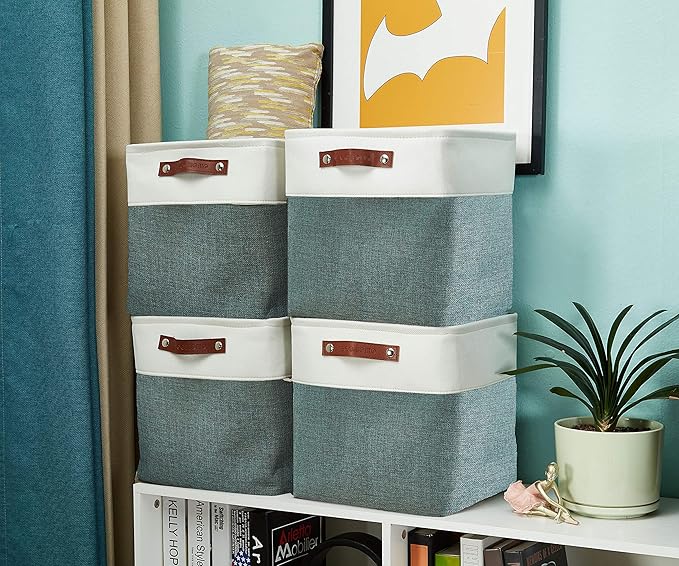 DECOMOMO Storage Cubes, 11x11 Cube Storage Bins, Baskets for Shelves (Green & White, Cube 11" - 4 Pack)