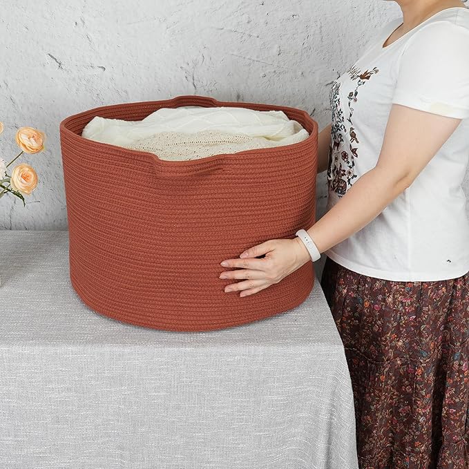 XUANGUO Large Cotton Rope Basket Blankets Basket Living Room 22"x14" Toy Baskets for Kids and Dogs Rope Storage Baskets for Nursery Woven Laundry Baskets for Clothes Towels Baby Toy round rustic