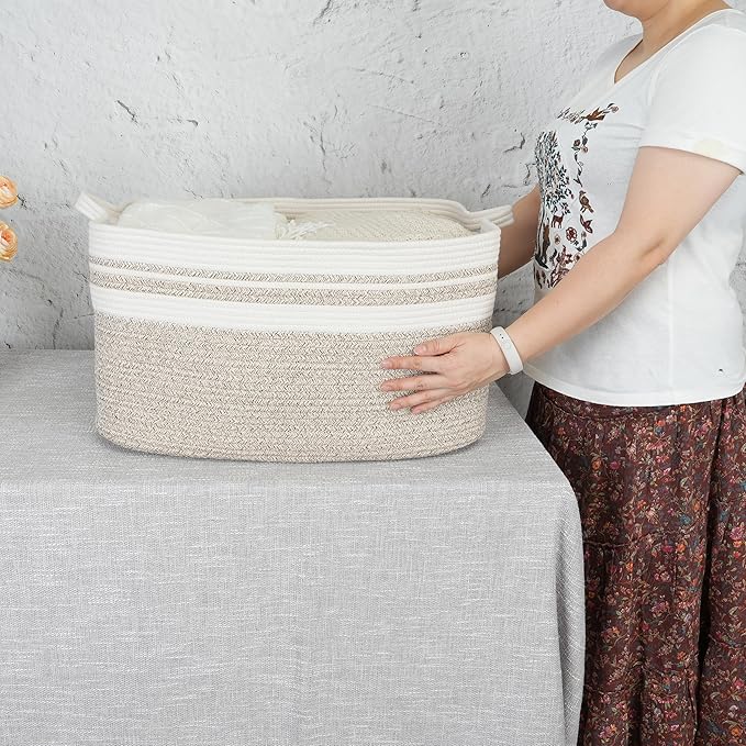 Large Rectangle Blankets Basket Living Room 22"x17"x12" Woven Cotton Rope Storage Baskets for Nursery Toy Baskets for Kids Wicker Laundry Basket Bin for Clothes Towels white brown